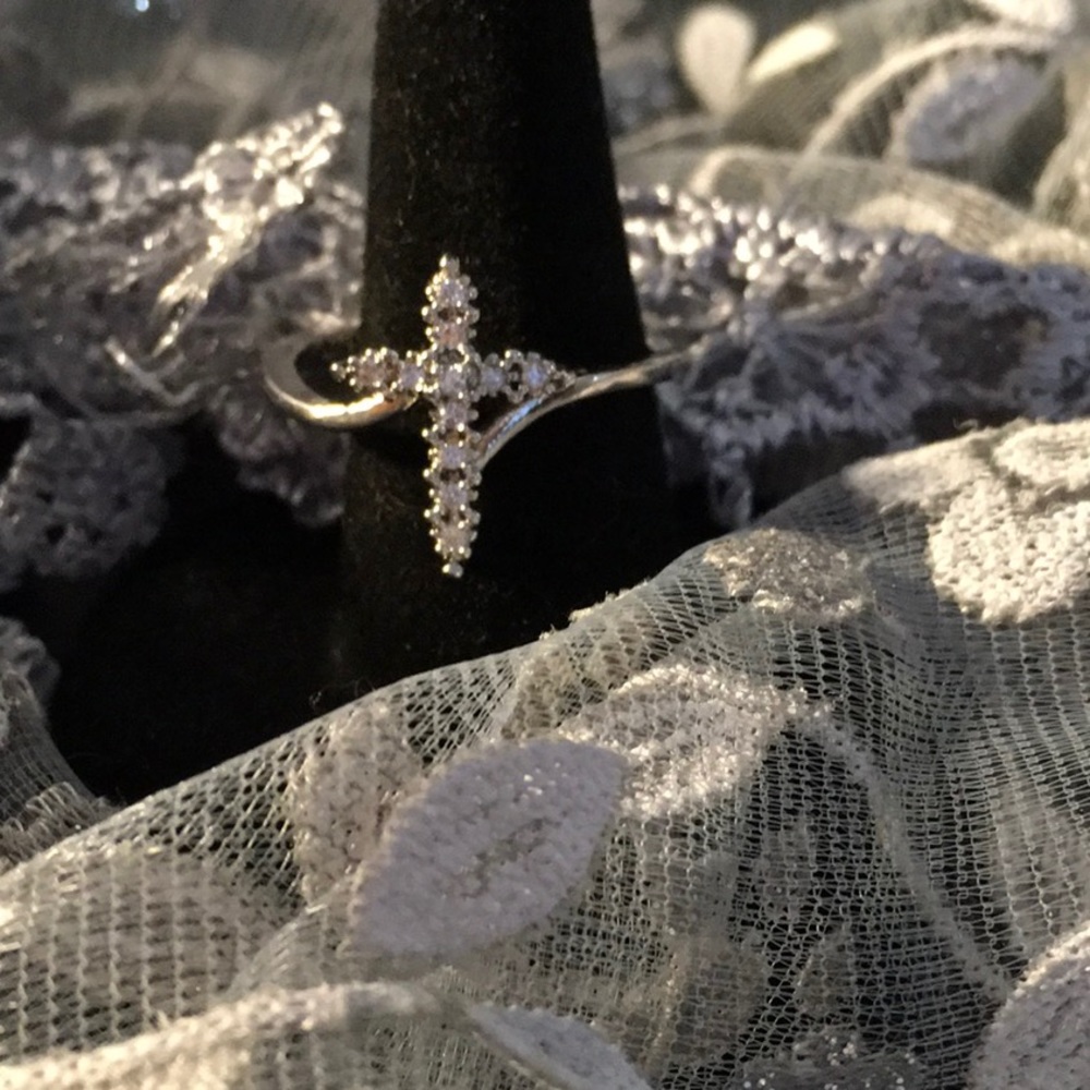 Sterling silver and white sapphire cross ring